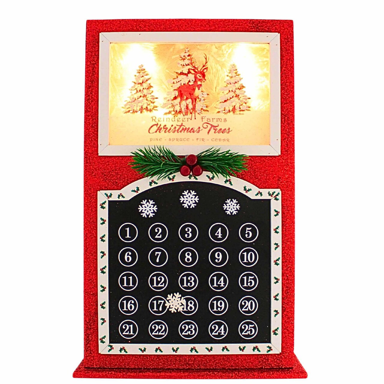 Stony Creek 16.0 Inch Jolly Holiday Pre-Lit Wood Countdown Calendar Accent Christmas Lighted Glass Accent , Santa Snowflake Reindeer